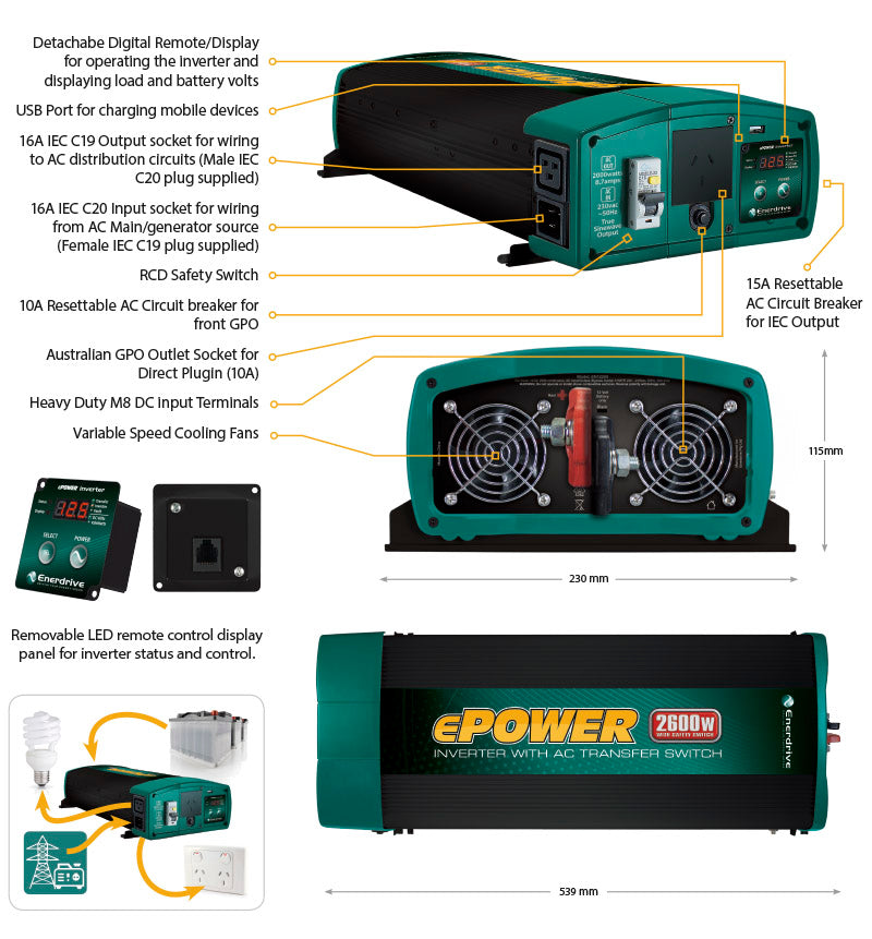 Enerdrive ePOWER 2600W Inverter with AC Transfer & Safety Switch